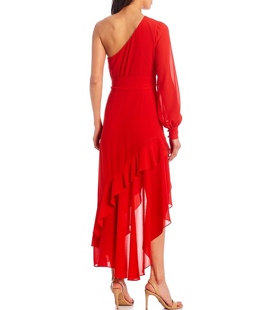 Belle Badgley Mischka Bailey One Shoulder Long Sleeve Ruffle Hem Dress