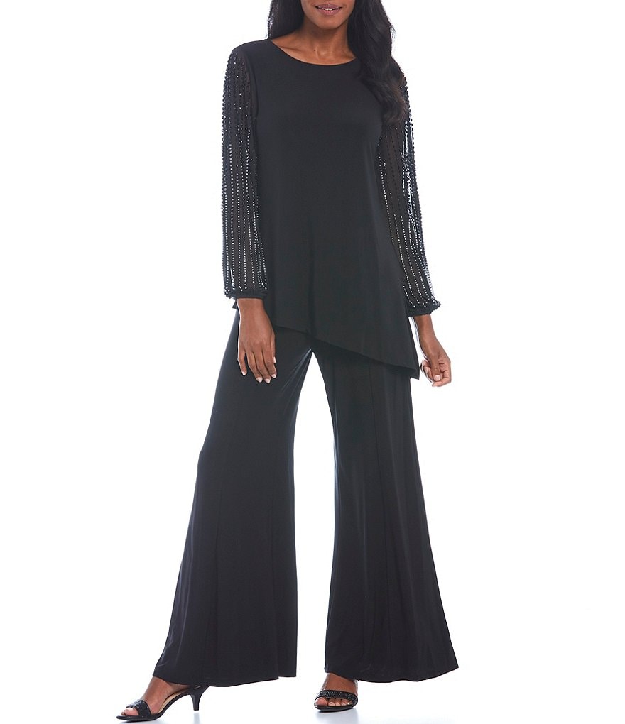 Marina Beaded Long Sleeve Round Neck 2-Piece Pant Set