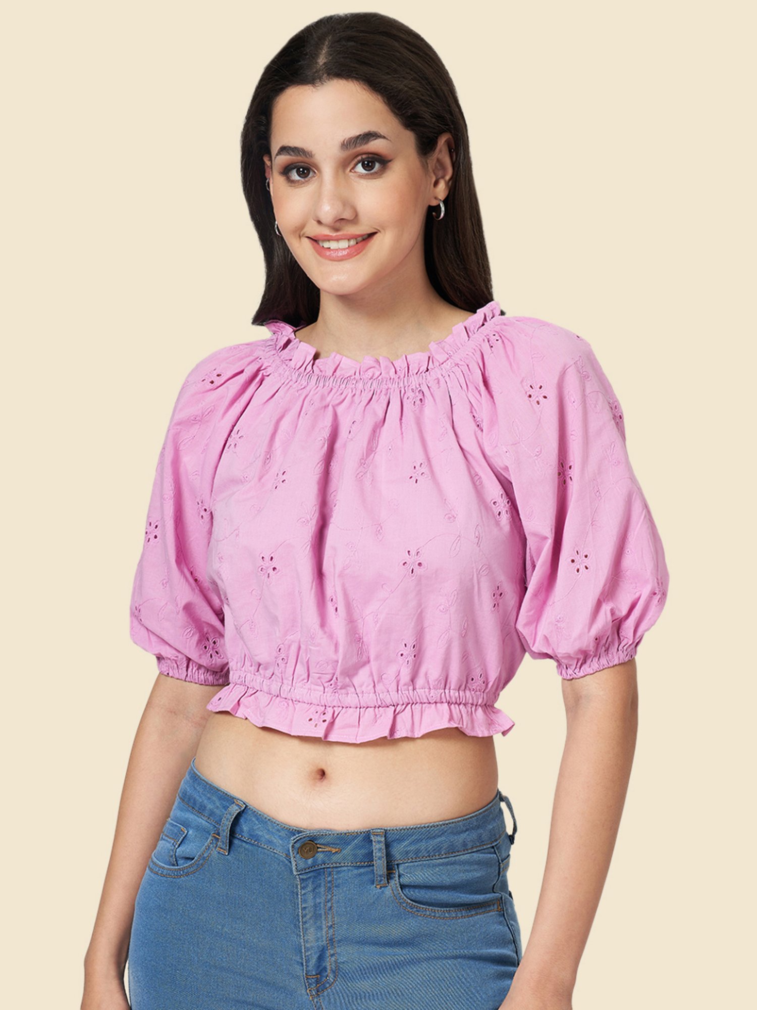 YU by Pantaloons Purple Cotton Self Pattern Crop Top
