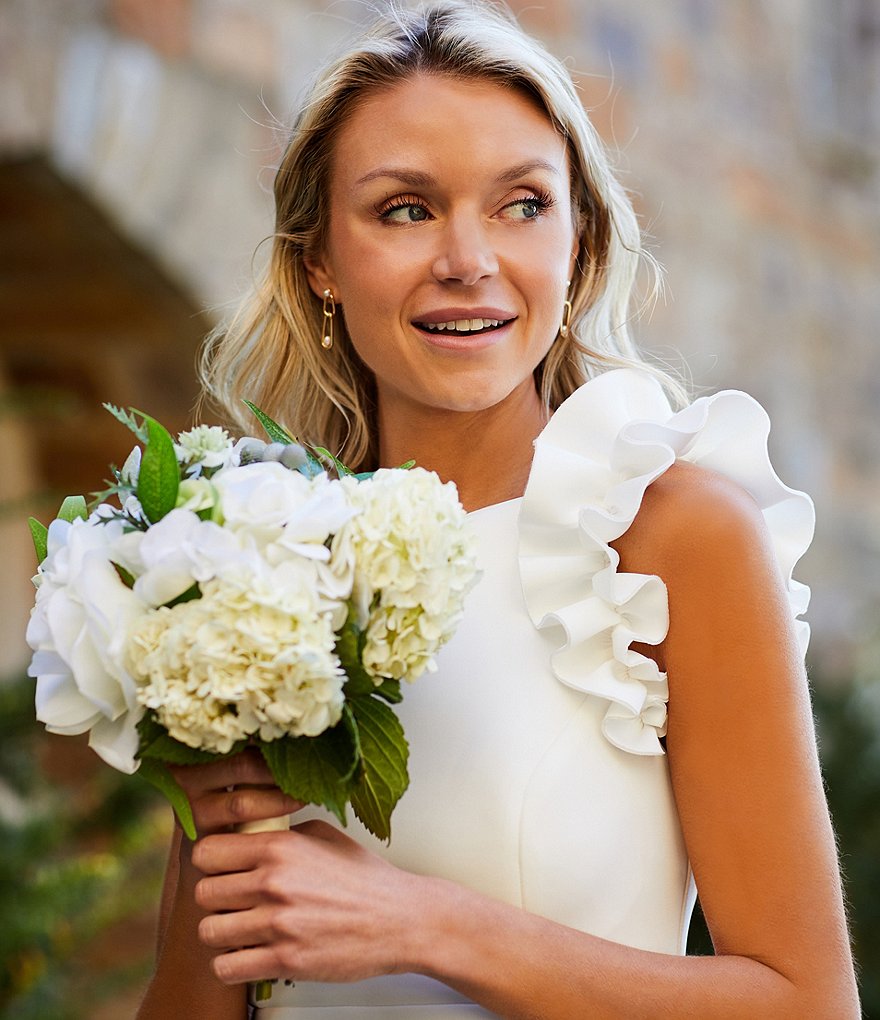 Eliza J Ruffle Shoulder Boat Neck Scuba Sheath Dress