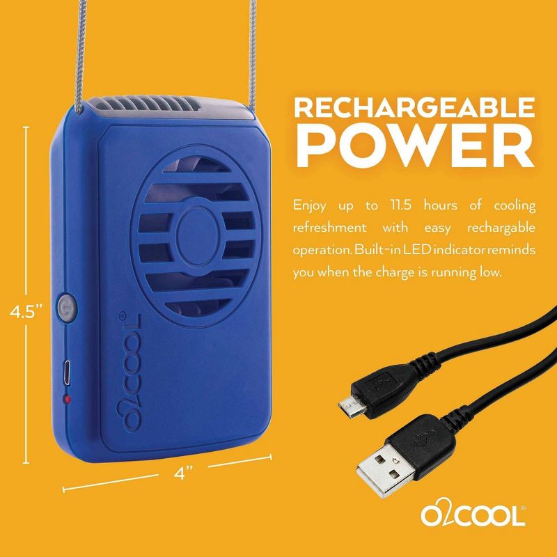 O2COOL Rechargeable Deluxe Necklace Fan with USB Cord Blue