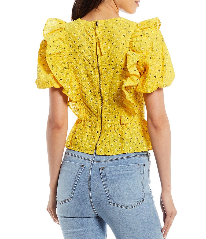 A Loves A Embroidered Ruffle Peplum Short Sleeve Crew Neck Blouse
