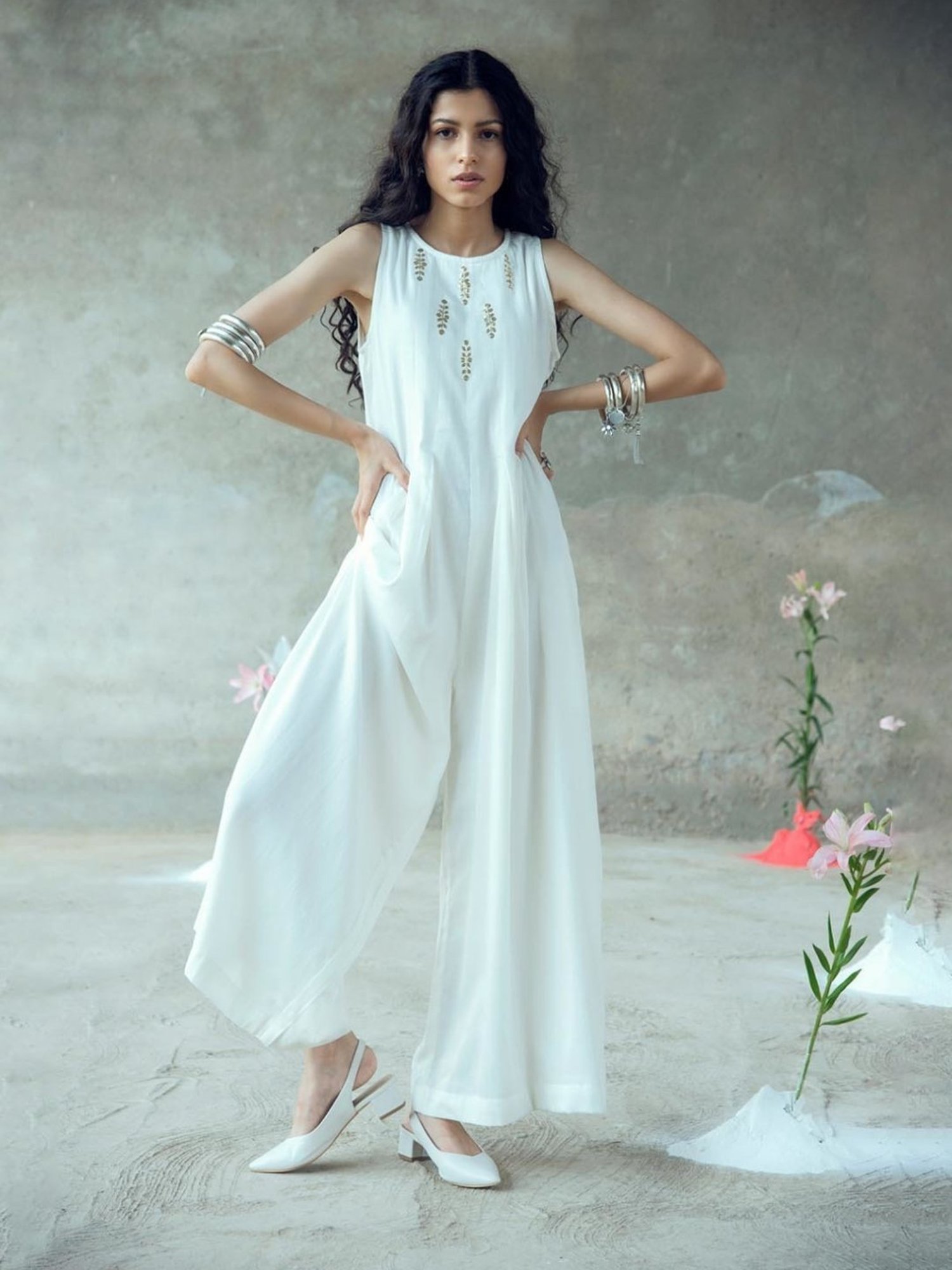 Gulaal White Urvashi Vividha Pitthan Work Sleeveless Jumpsuit