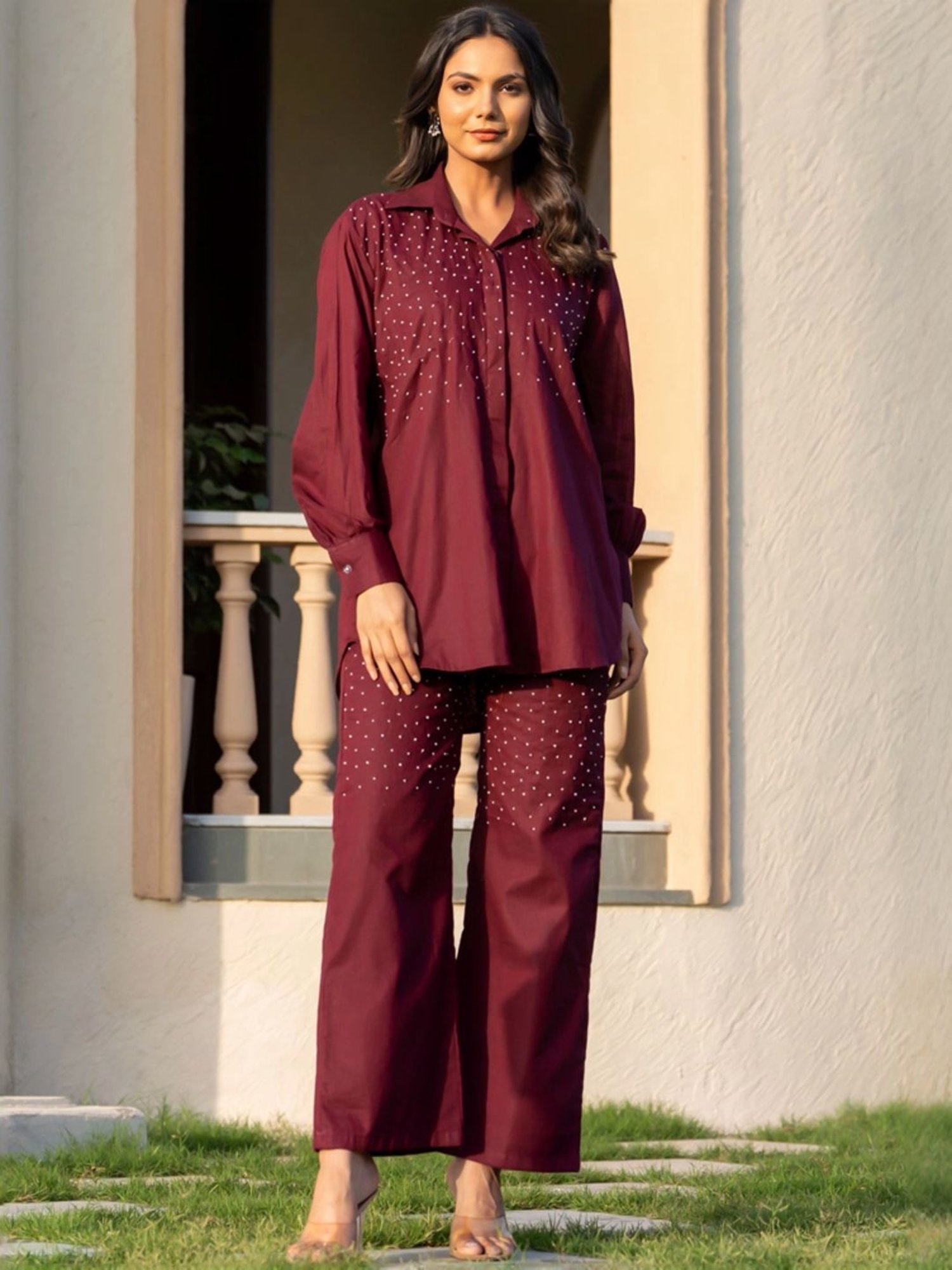 HOUSE OF JAMOTI Maroon Cotton Embellished Tunic Palazzo Set