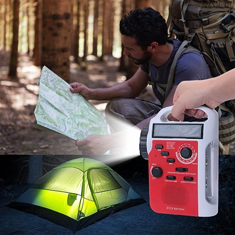 IS399 Real NOAA Alert Weather Radio Lantern Solar Crank Emergency AMFMSWNOAA Radio TF Card Speaker 5 LEDs Flashlight 8 Headlamps 2300mAh Rechargeable Power Bank for Cellphone