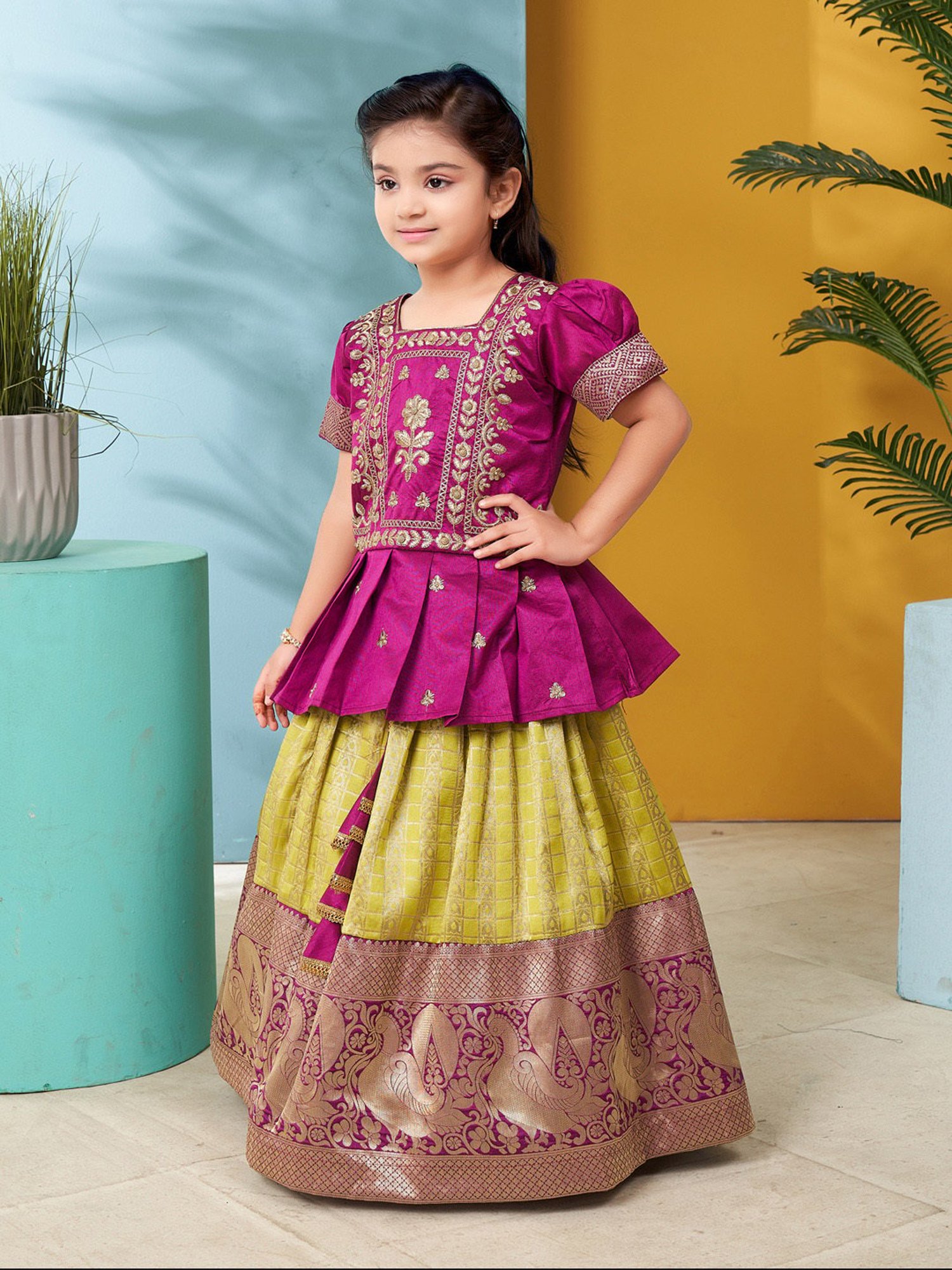 Aarika Kids Pink & Green Embroidered Lehenga with Choli