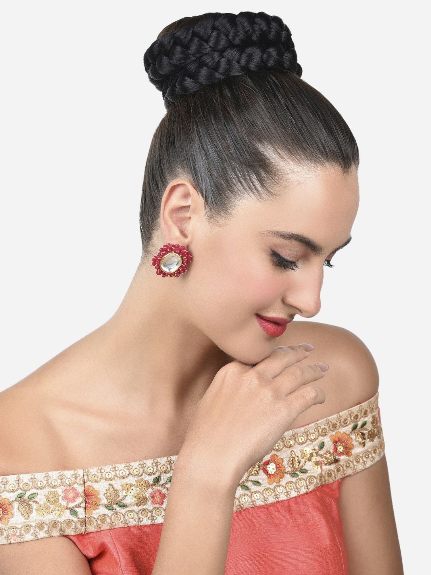 Zaveri Pearls Rani Pink Crystal Beads Clustered Kundan Studs Earring-ZPFK15225