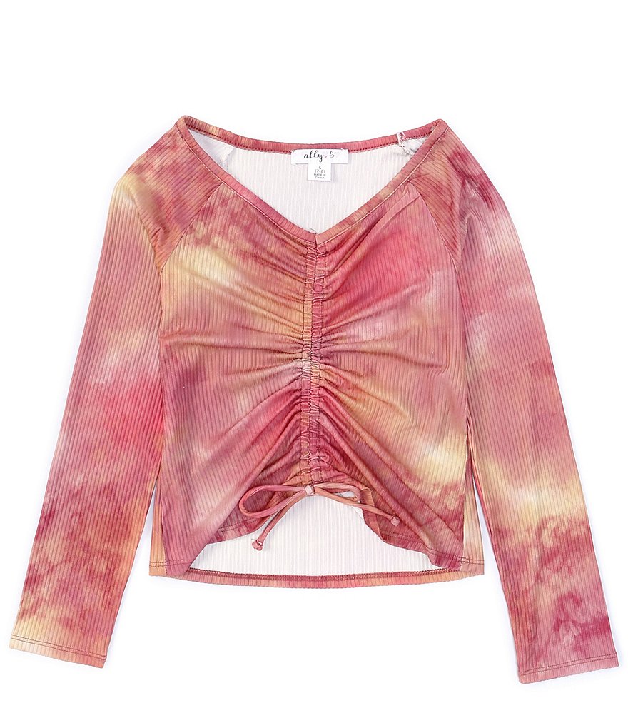 Ally B Big Girls 7-16 Long-Sleeve Shirred Tie-Dye Cinched Knit Top