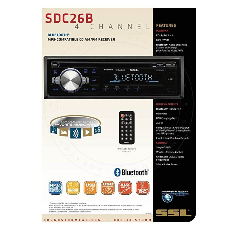 SDC26B Car Stereo Single Din Bluetooth Audio and HandsFree Calling Builtin Microphone MP3 Player CD USB Port AUX Input AMFM Radio Receiver Wireless Remote Control