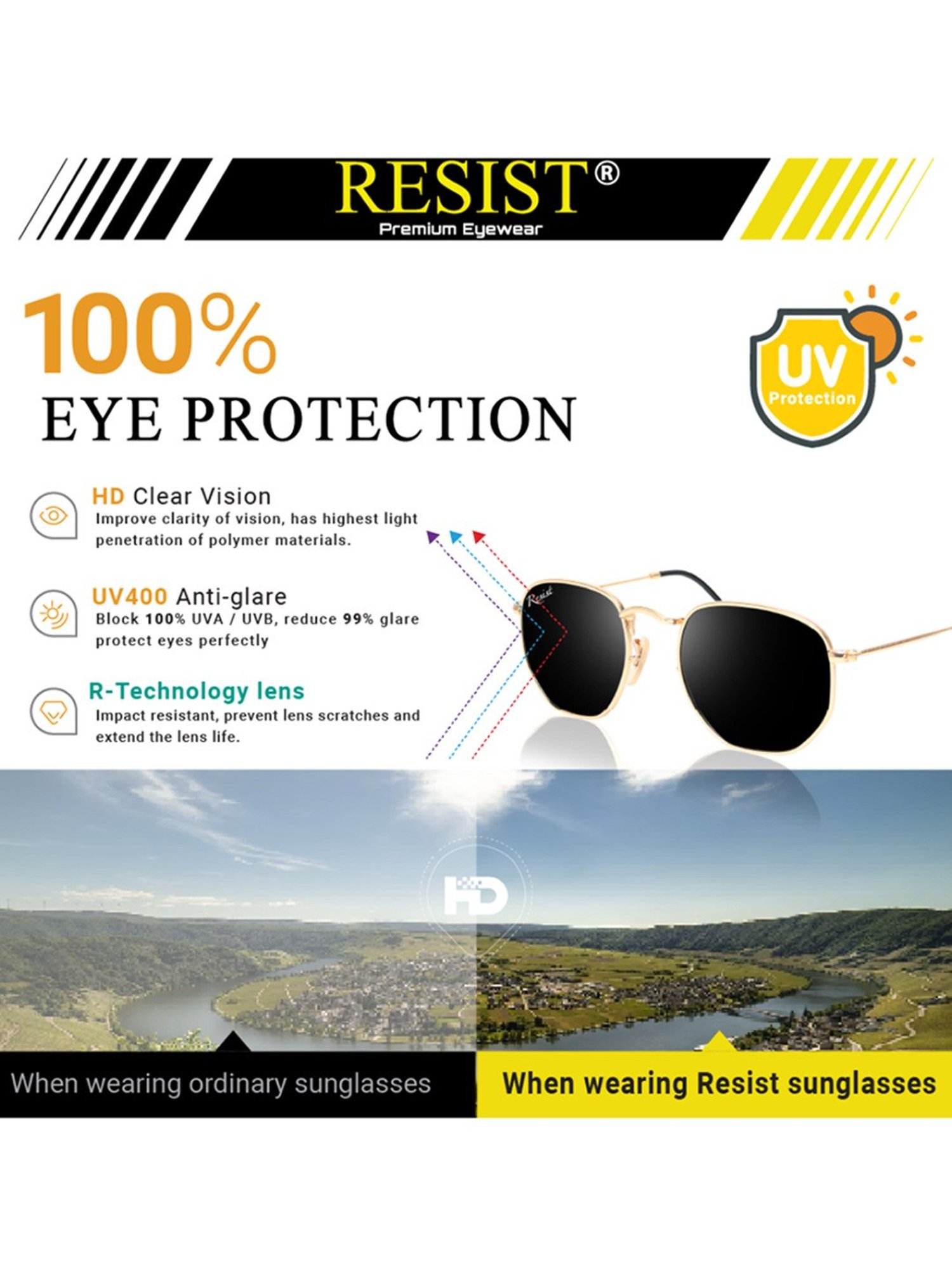 Resist Eyewear Black Hexagon UV Protection Unisex Sunglasses