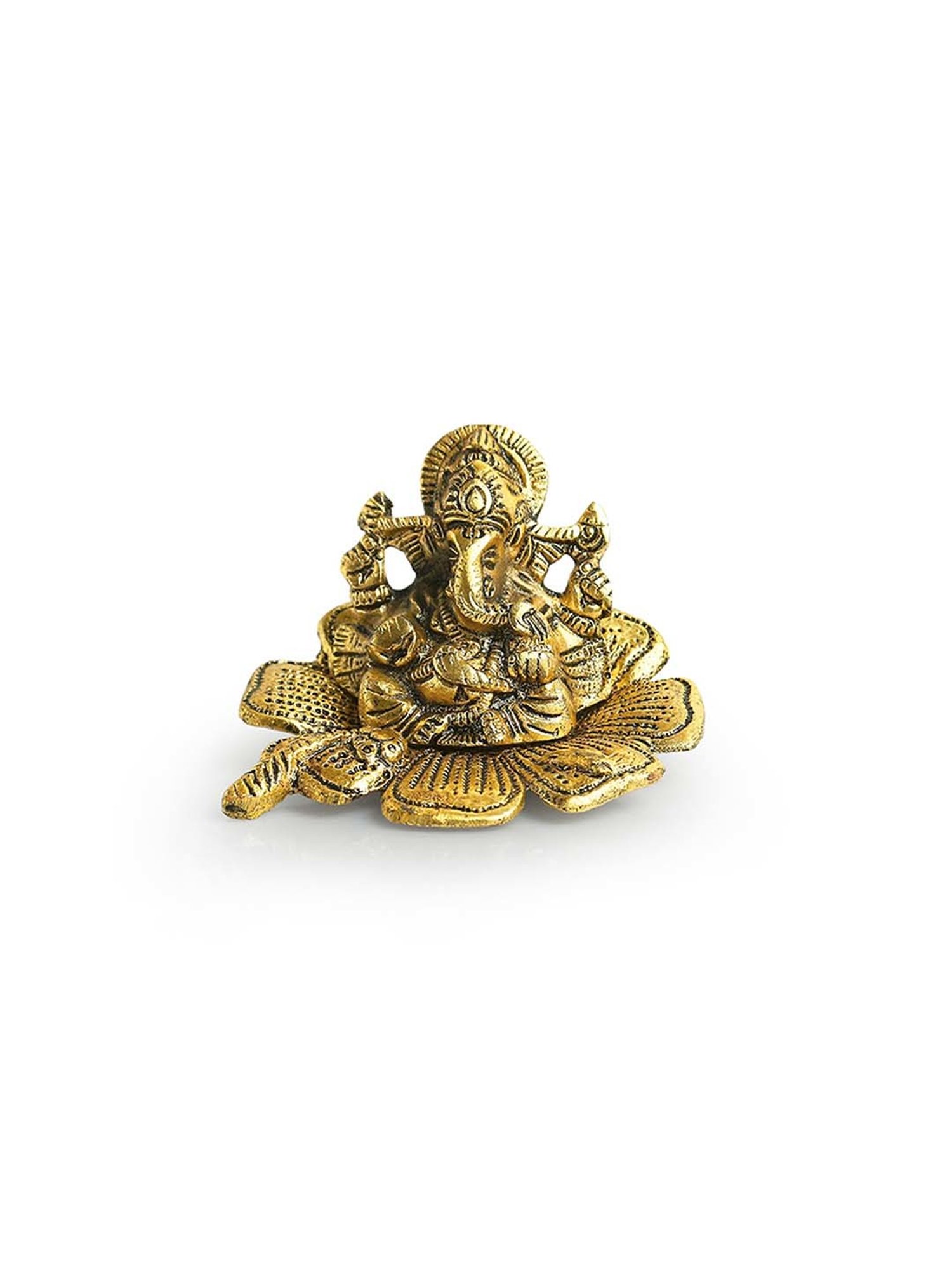 ExclusiveLane Golden Aluminium Ganesha On Flower Decorative Idol