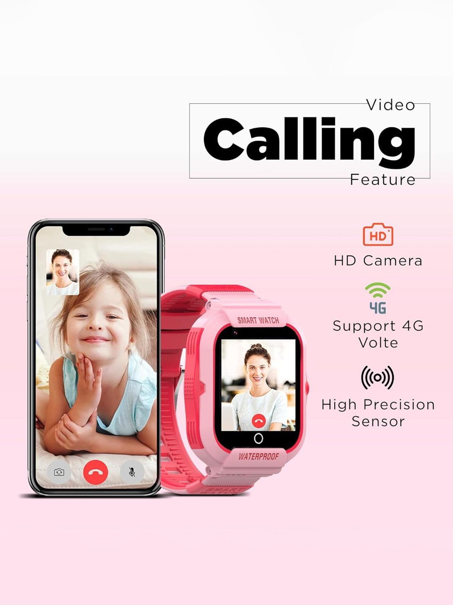 Turet Smartwatch for Kids with HD Display, Camera, SOS Button, Phone & Video Calling (Pink)
