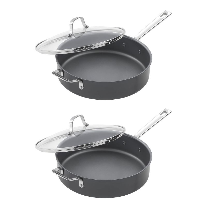 Emeril Lagasse 62928 Nonstick Hard Anodized Stainless Steel Covered Deep 5 Quart Stove Top Saute and Frying Pan with Glass Lid, Gray (2 Pack)