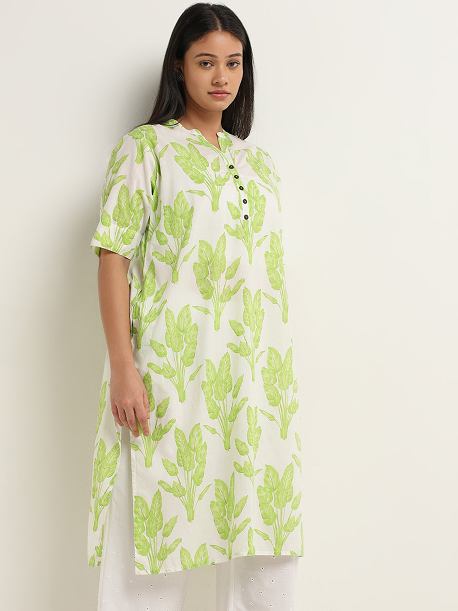Diza by Westside Green Foliage Design Straight Cotton Kurta