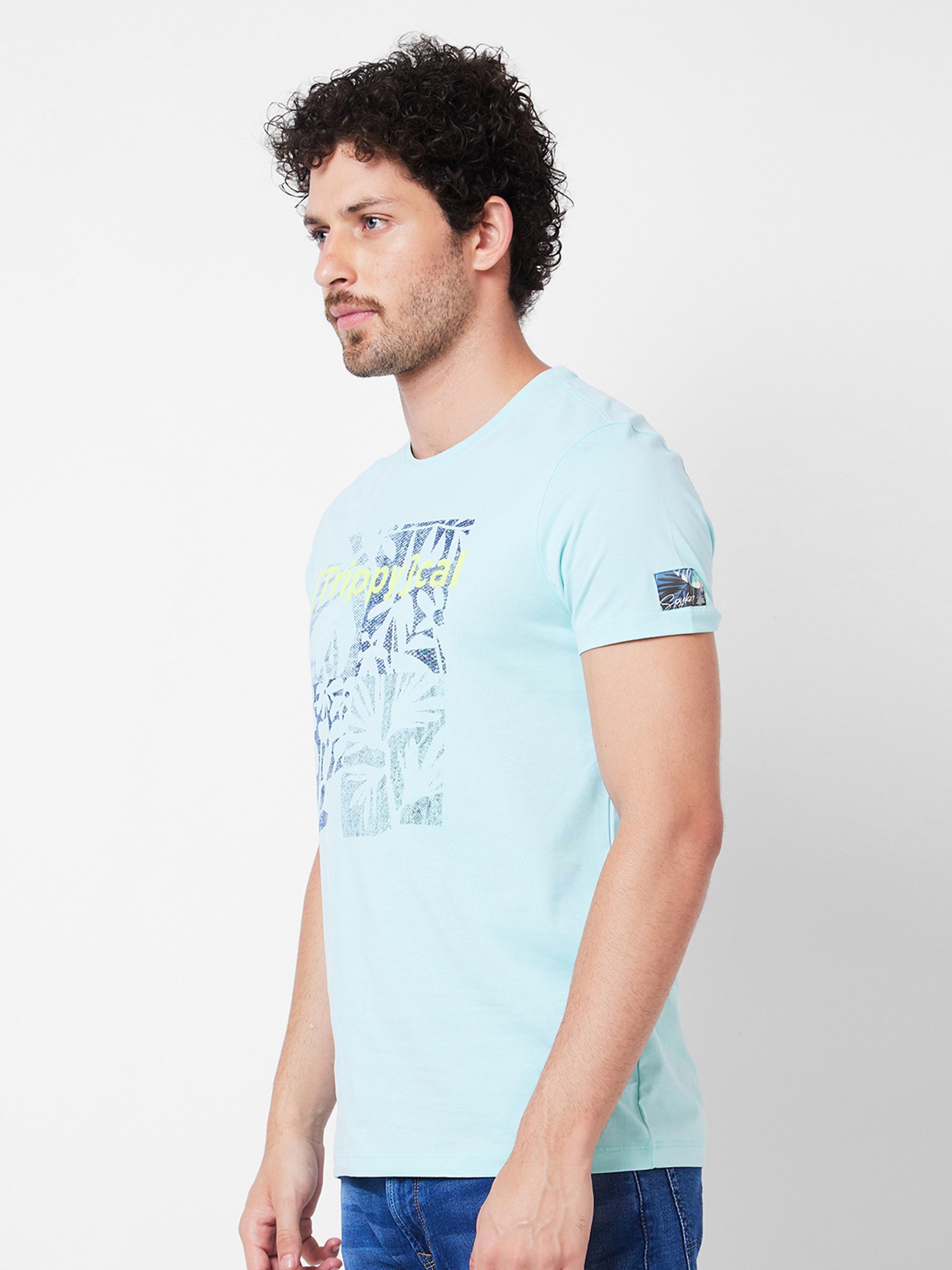 Spykar Light Blue Slim Fit Printed Crew T-Shirt