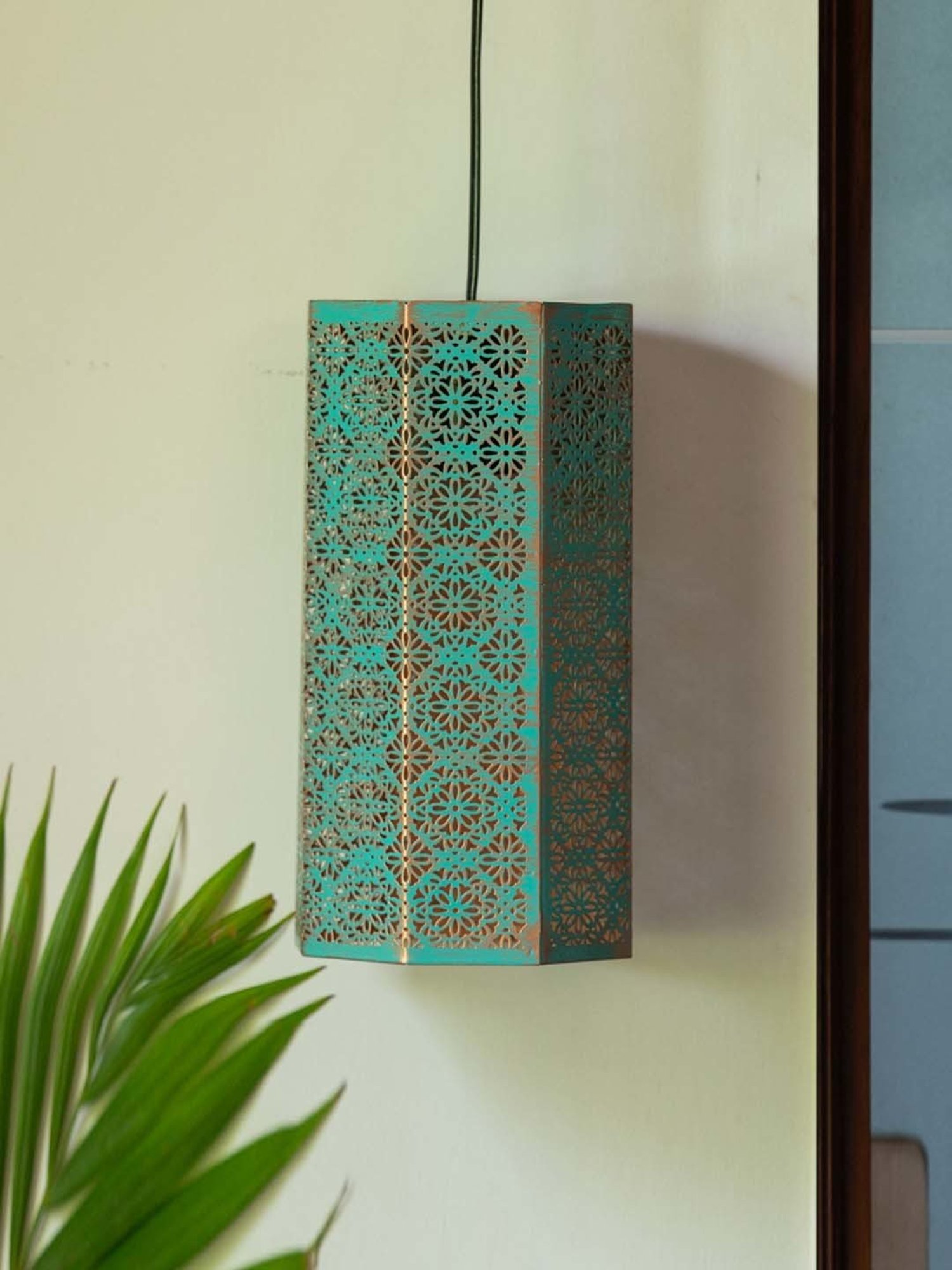 ExclusiveLane 'Morrocan Waves' Turquoise Blue & Red Iron Hand-Etched Pendant Lamp - Set of 1