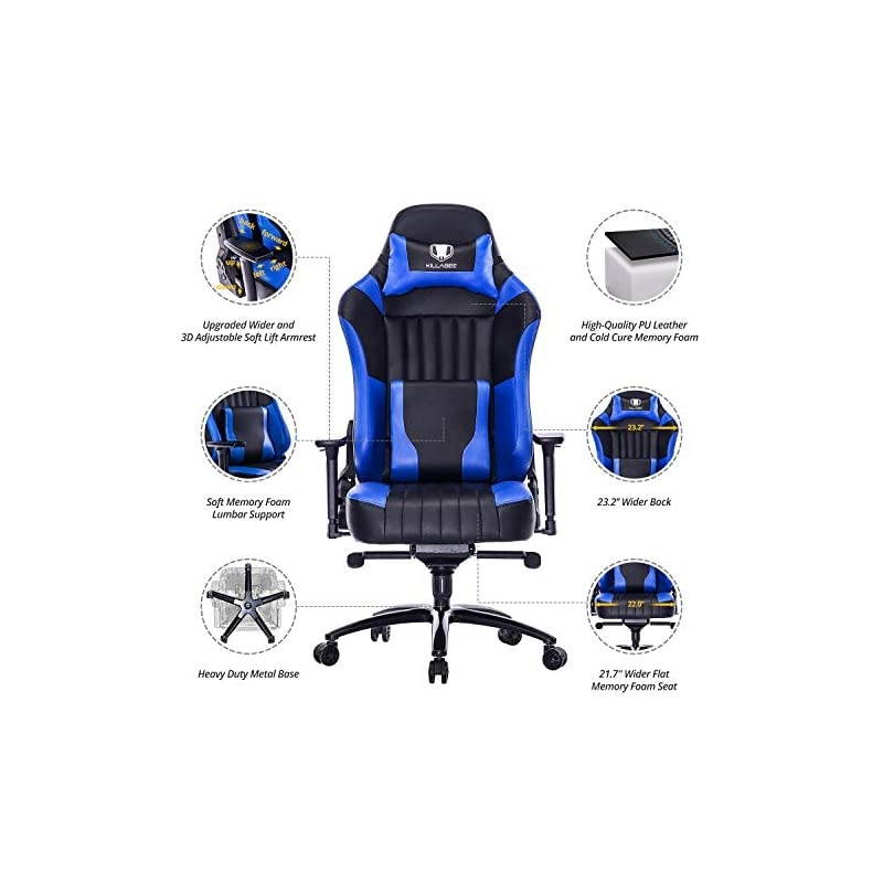 Memory Foam Gaming Chair, Adjustable Tilt Angle and 3D Arms Ergonomic High-Back Leather Racing Executive Computer Desk Office Metal Base, Blue