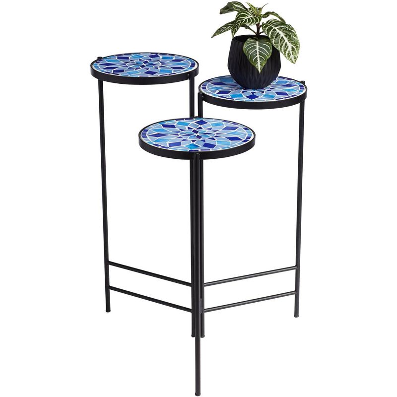 Teal Island Designs Blue Mosaic Black Iron Set of 3 Accent Tables