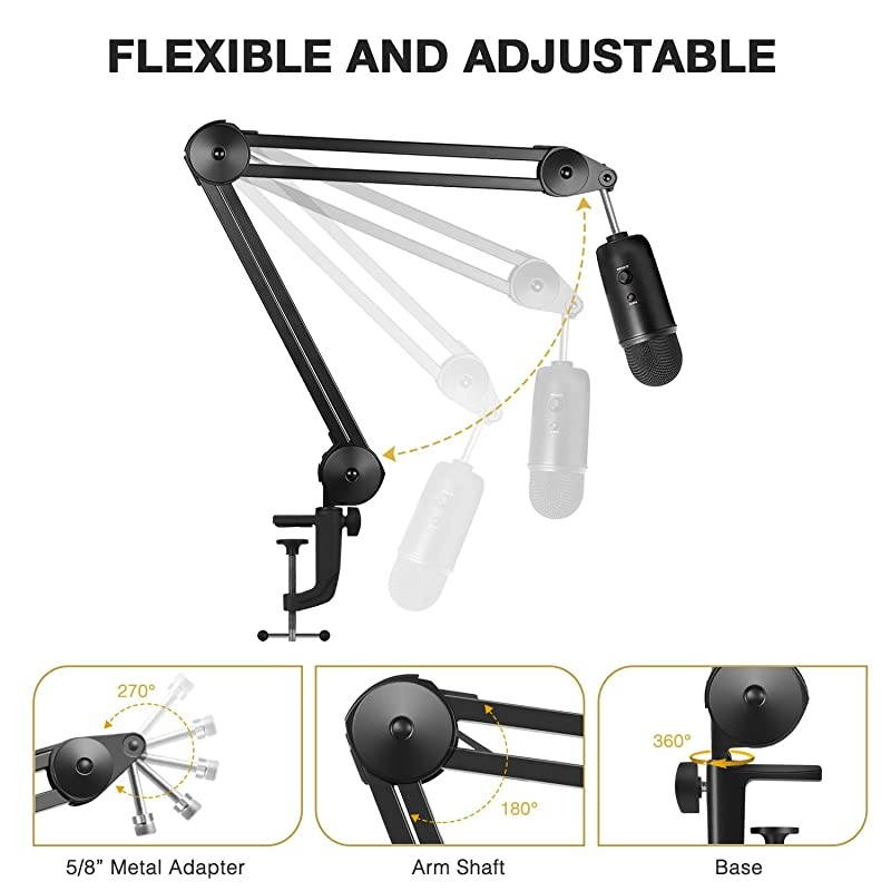 Microphone Arm Stand Heavy Duty Mic Arm Microphone Stand Suspension Scissor Boom Stands with Mic Clip and Cable Ties for Blue Yeti Snowball and Blue Yeti NanoMedium
