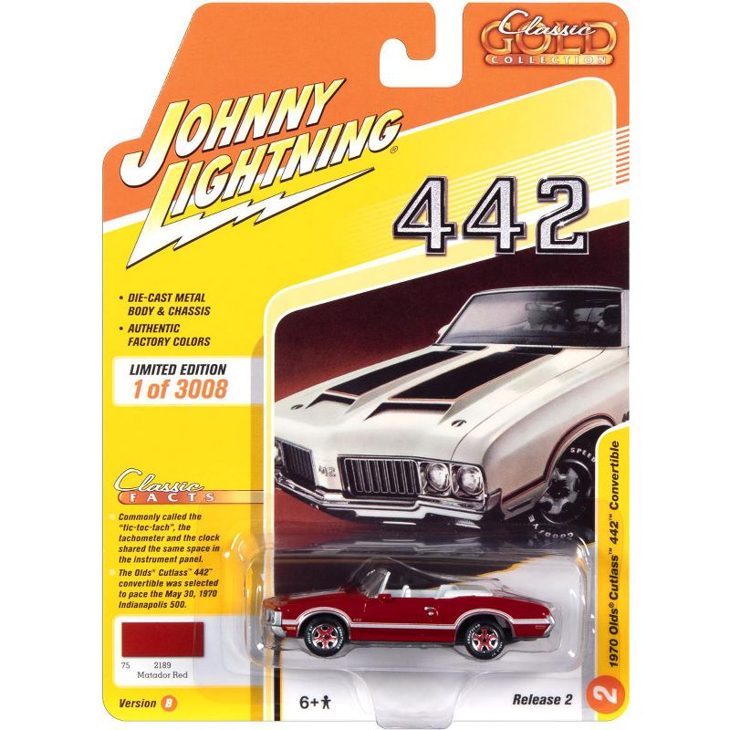 1970 Oldsmobile Cutlass 442 Convertible Matador Red with White Stripes and White Interior Ltd Ed 3008 pcs 1/64 Diecast Model Car by Johnny Lightning