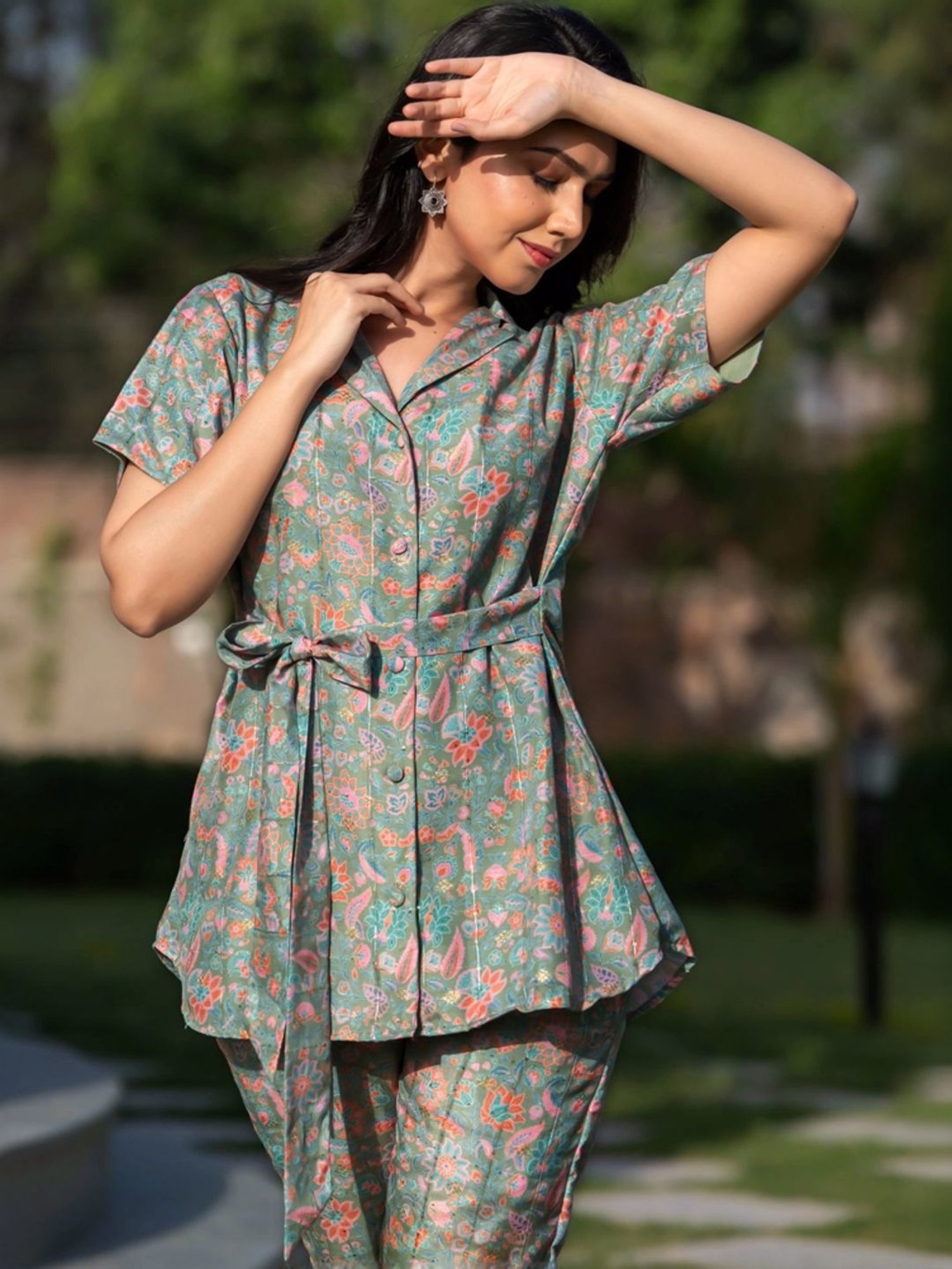 HOUSE OF JAMOTI Green Printed Tunic Pant Set