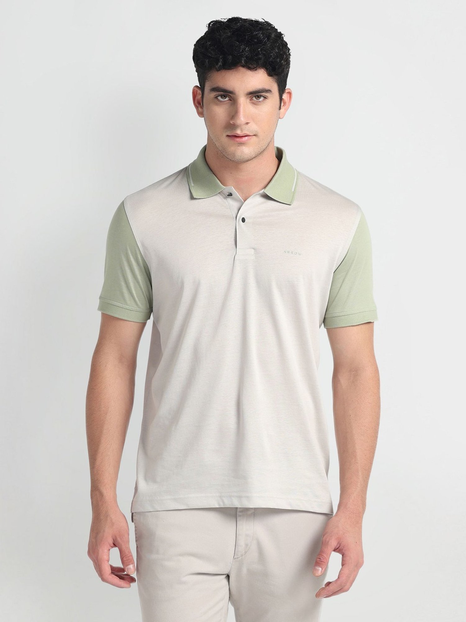 Arrow Newyork Grey Cotton Regular Fit Colour Block Polo T-Shirt