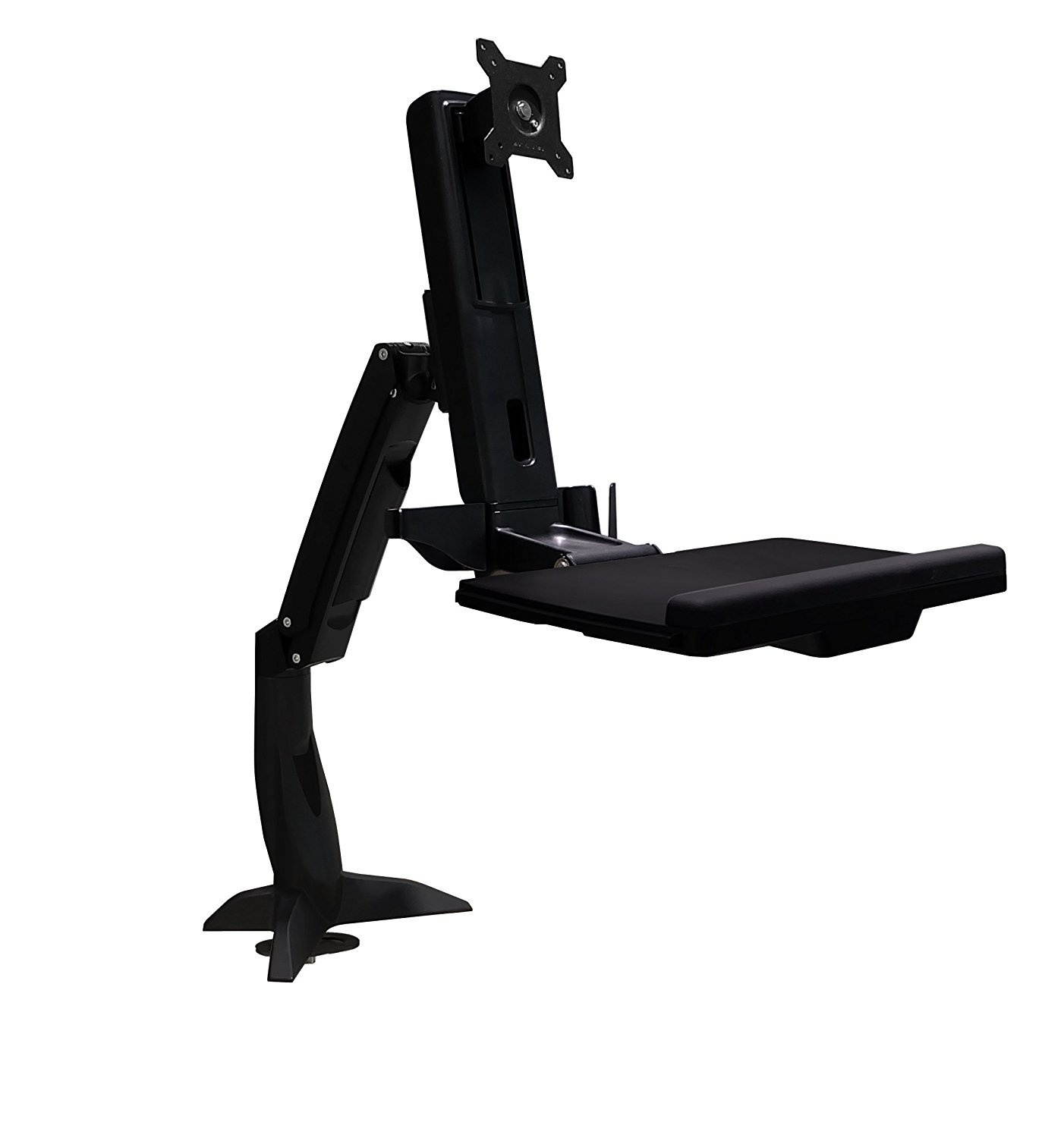 Sit Stand Articulating Arm Clamp Mount. Foldable keyboard tray and retractable mouse pad. Built in holders for Mouse and scanner. Separate monitor adjustments. Supports 24" monitors
