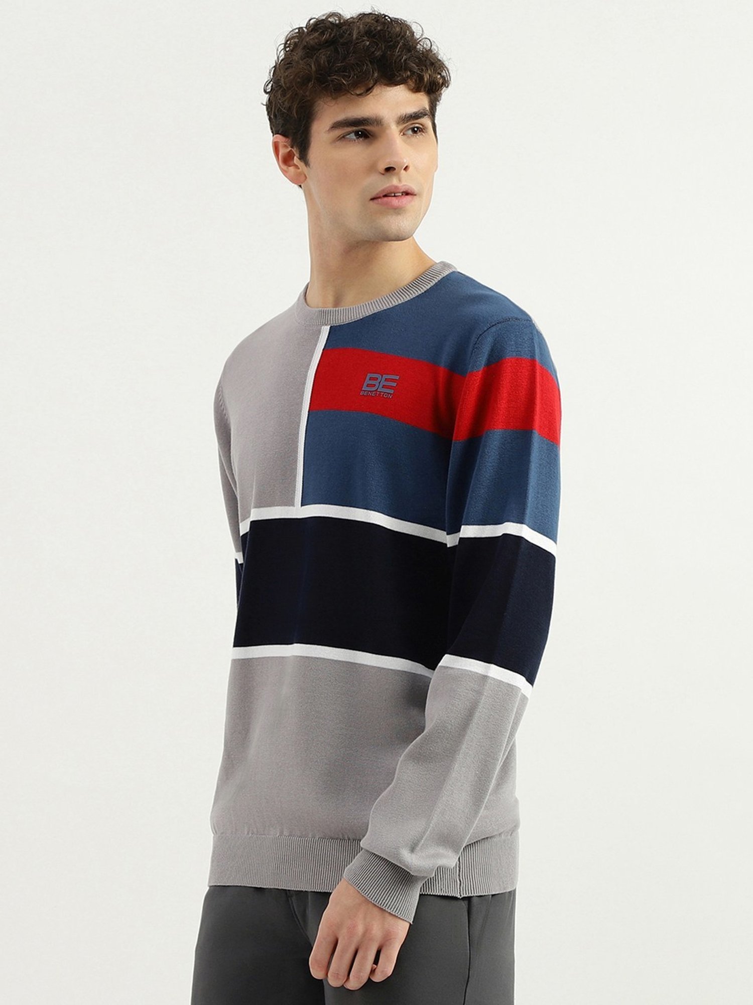 United Colors of Benetton Grey Pure Cotton Regular Fit Colour Block Sweater