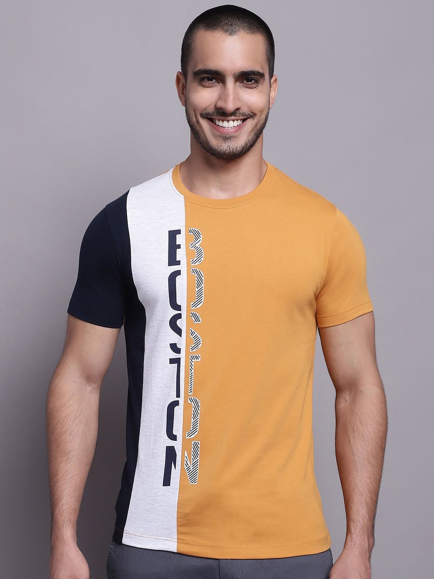 Cantabil Mustard Regular Fit Printed Crew T-Shirt