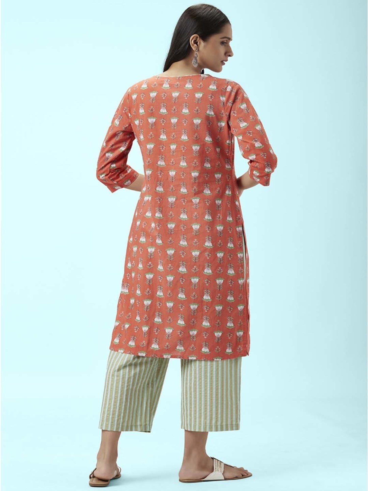 Rangmanch by Pantaloons Peach & Green Cotton Floral Print Kurta Palazzo Set