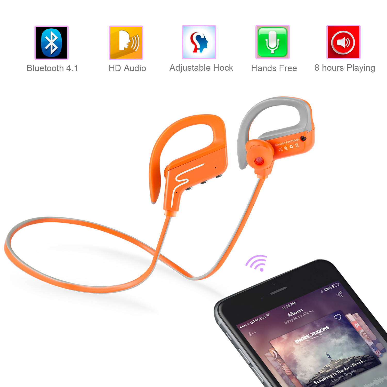 Bluetooth Wireless Sports Headset,Running Sweatproof Earbuds - Stereo Bass - Noise Isolation - In EAR