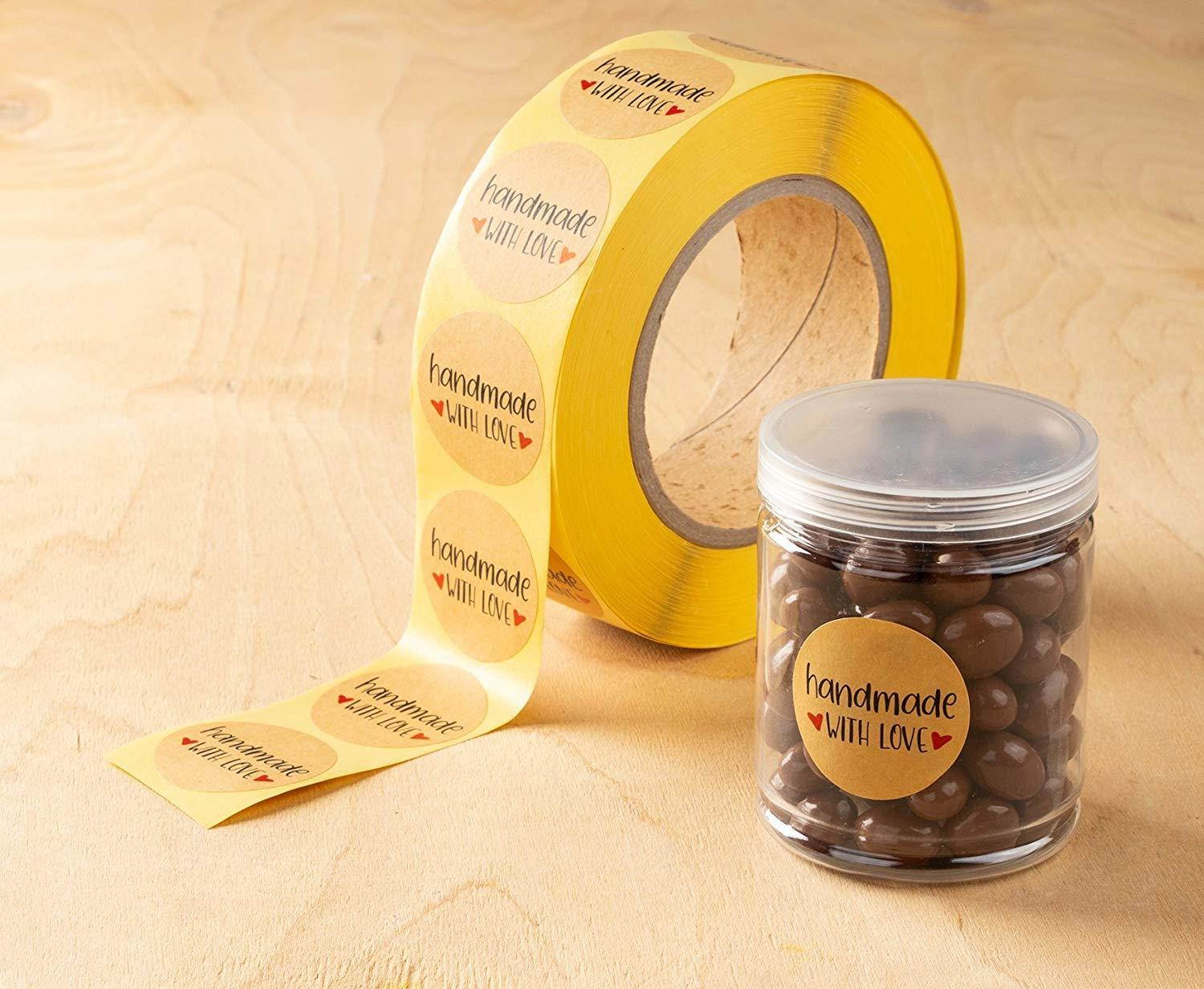 Handmade Stickers Label - 1000-Piece Handmade with Love Stickers, Handmade Stickers Roll, Kraft Stickers for Gifts, Crafts, DIY Projects, Envelope Sealing, Brown, 1.5 x 1.5 Inches