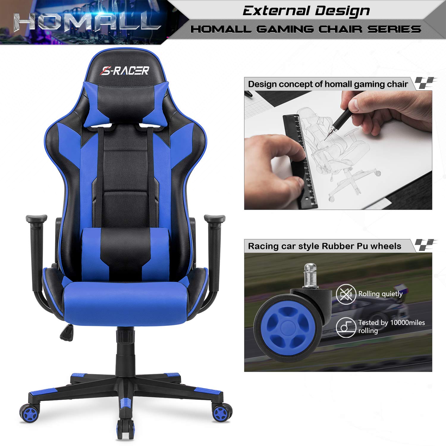 Homall Gaming Chair Office Chair High Back Computer Chair PU Leather Desk Chair Racing Executive Ergonomic Swivel Task Chair, Seat Height Adjustable, with Headrest and Lumbar Support (Blue)