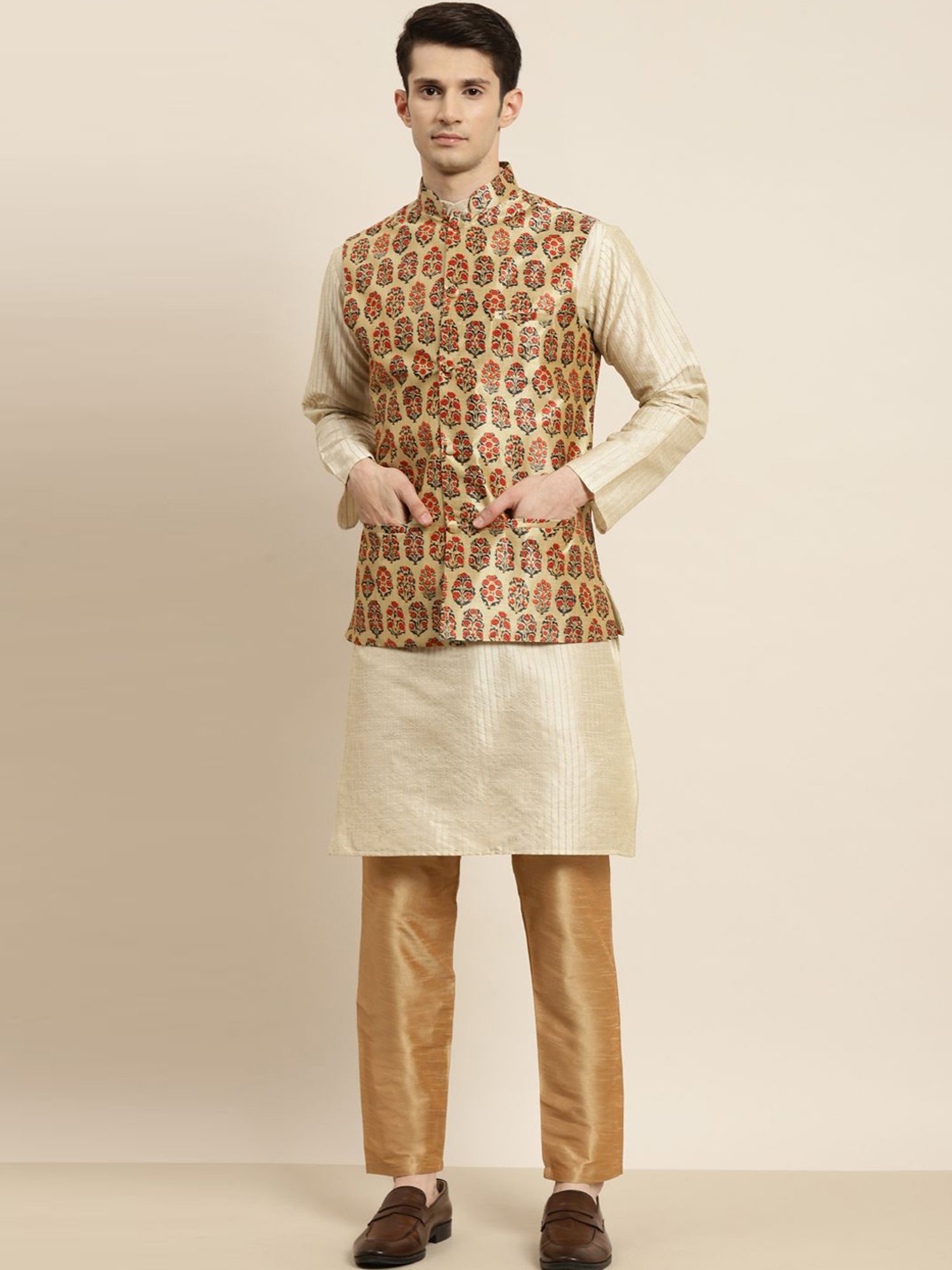 Sojanya Beige Regular Fit Printed Kurta Set With Jacket