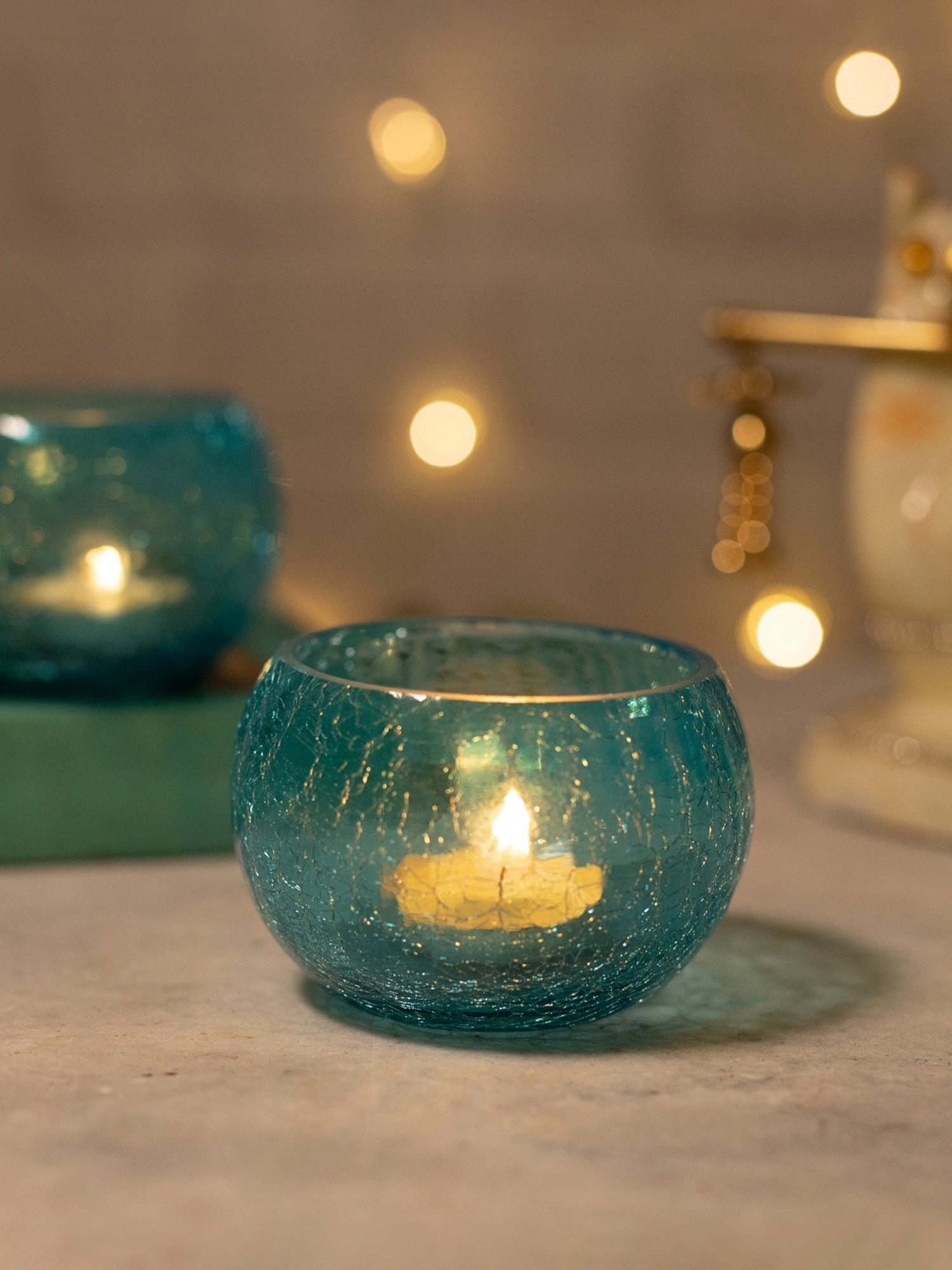 Homesake Crackle Mosaic Embellished Turquoise Glass Tea Light Candle Holder - Set of 2