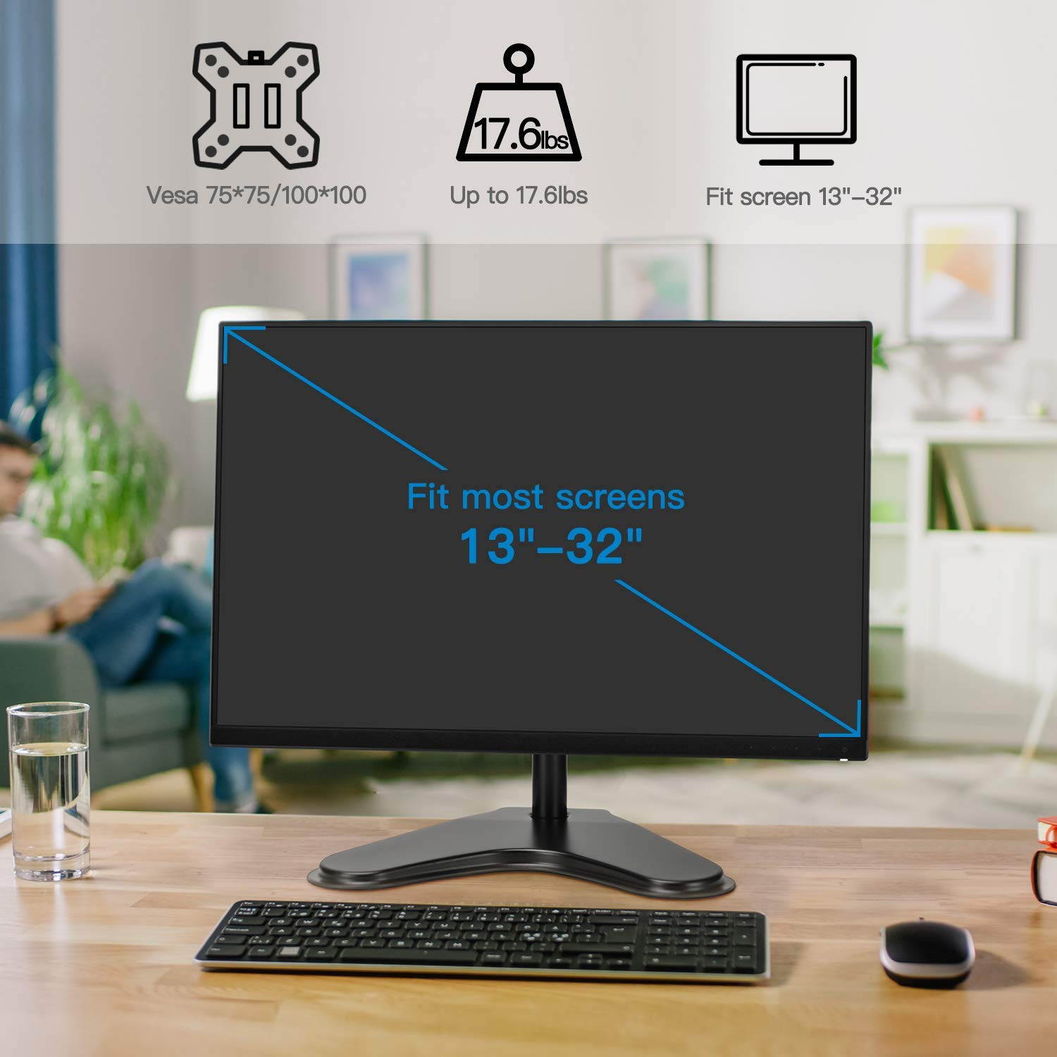 HUANUO Single LCD Monitor Stand, 2020 Upgraded Free Standing VESA Desk Mount fits One Screen up to 32 inches,17.6 lbs. Adjustable Height, Tilt, Swivel, Rotation