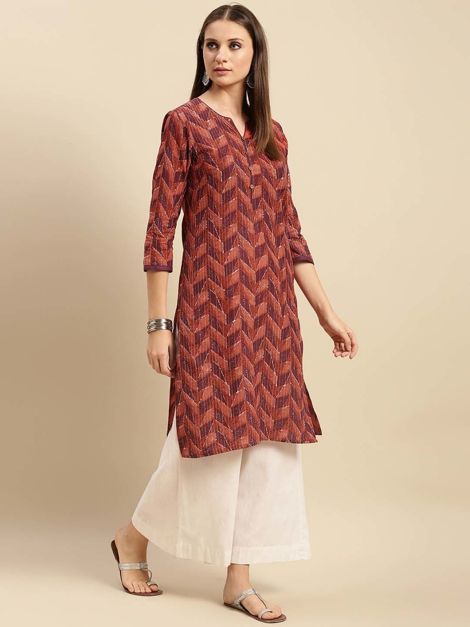 Rangita Pink & Brown Cotton Printed Straight Kurta - Pack Of 2