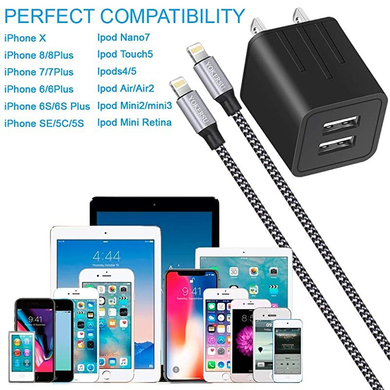 iPhone Charger  Fast Charging 2Pack 6Ft Nylon Braided Lightning Cable Data Sync Transfer Cord with 2Port Plug Wall Charger ETL Listed Compatible with iPhone XS MAXXRX876S6PlusiPad