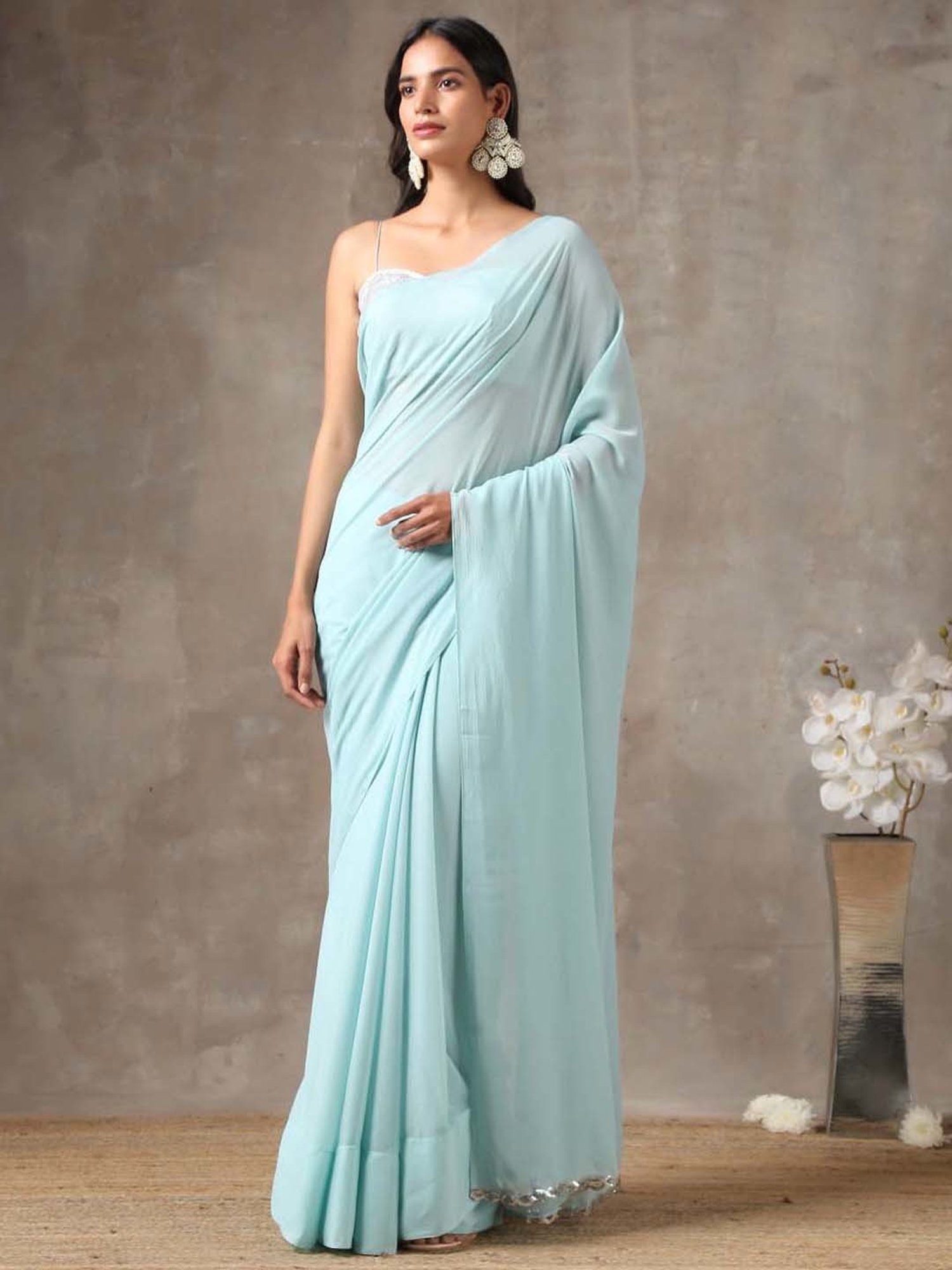 Swtantra Sky Blue Chinon Saree
