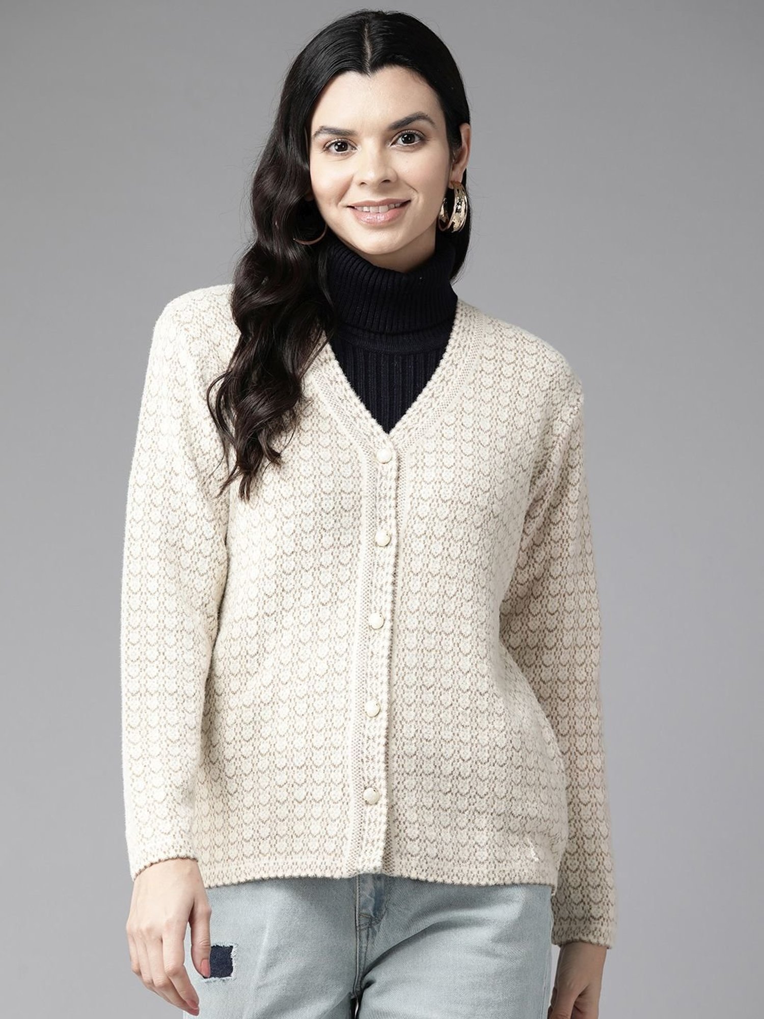 Cayman Beige Self Pattern Cardigan