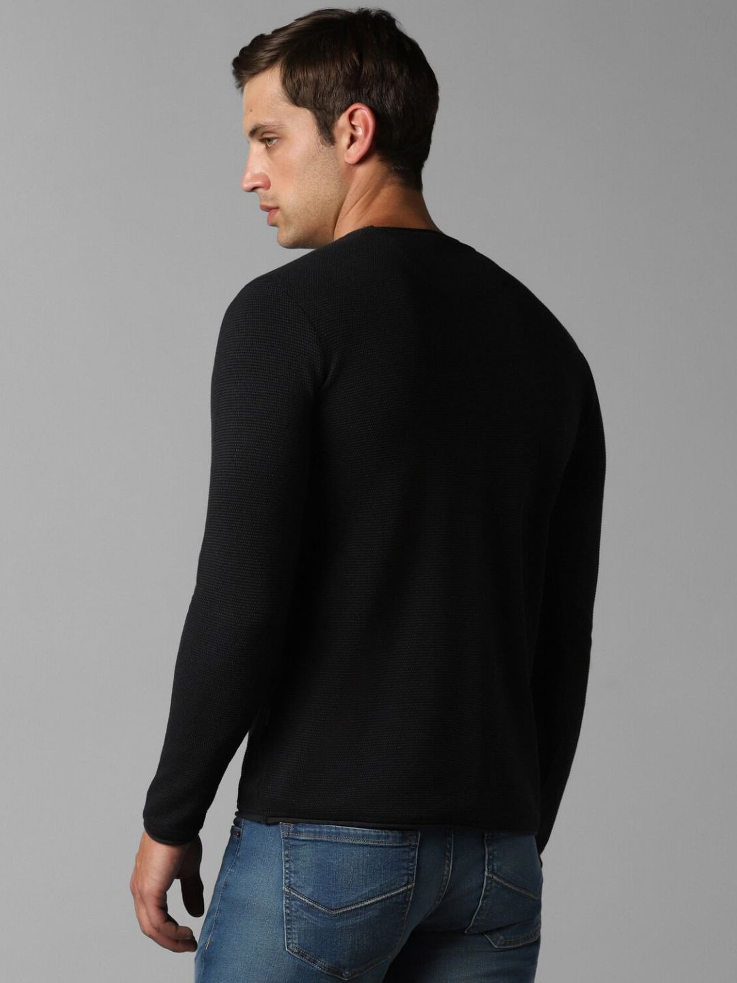 Louis Philippe Black Cotton Slim Fit Textured T-Shirt