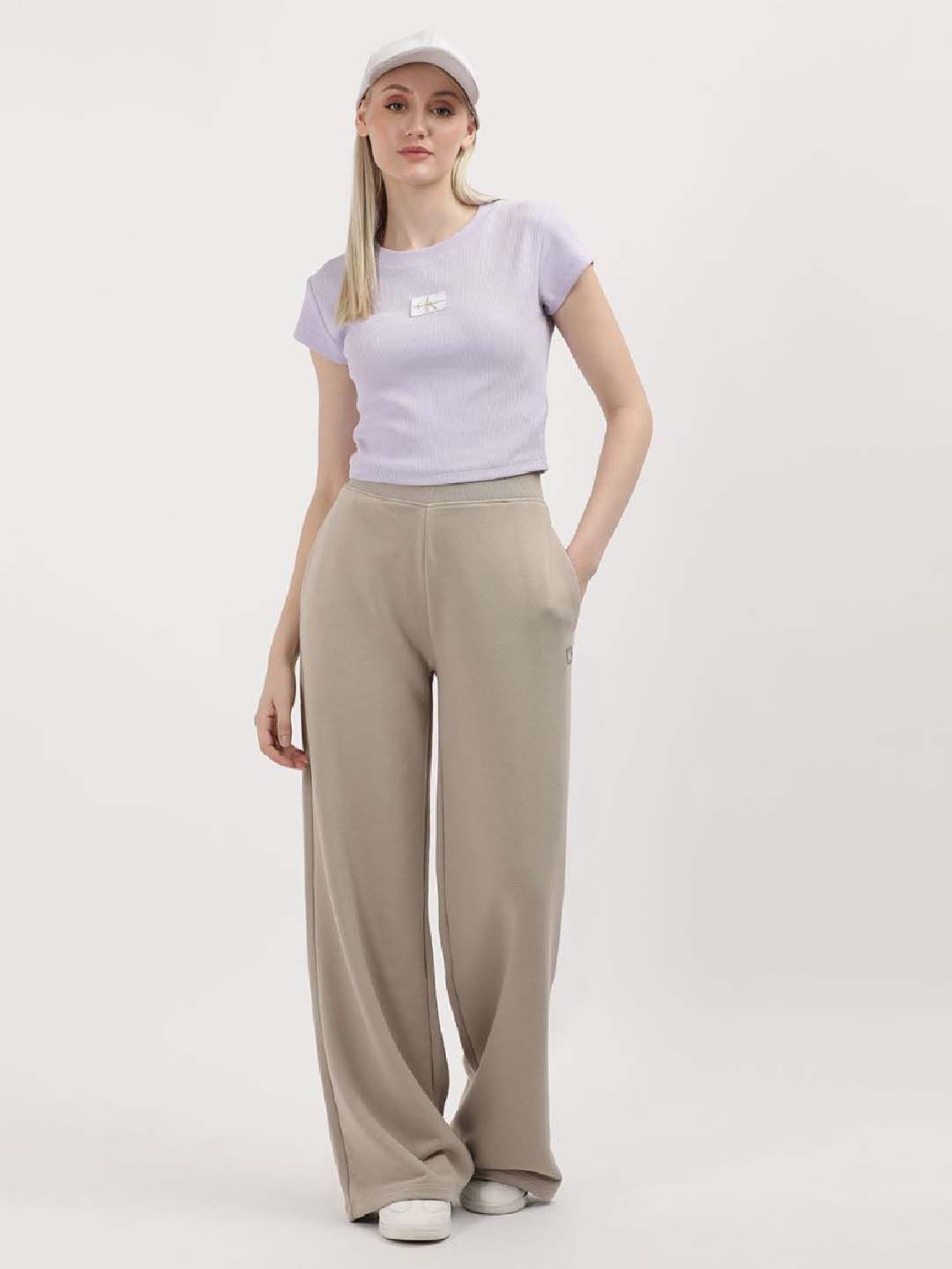 CALVIN KLEIN Purple Cotton Logo Patch Work Crop T-Shirt