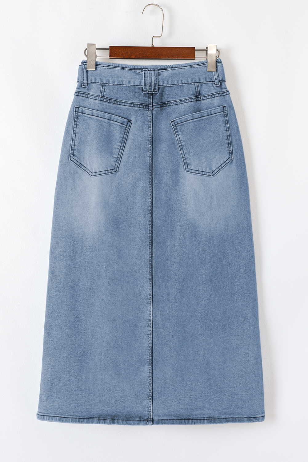 Dusk Blue Light Washed Belted High Waist Denim Skirt