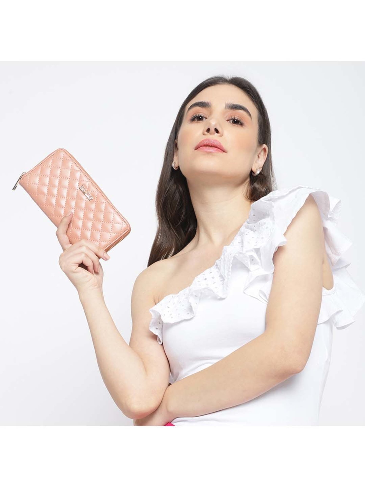 KLEIO Peach Quilted Zip Around Wallet for Women