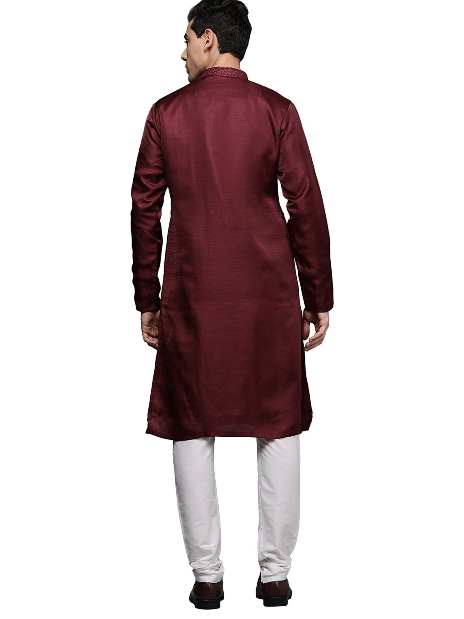 Manyavar Maroon & White Self Design Kurta & Churidar Set