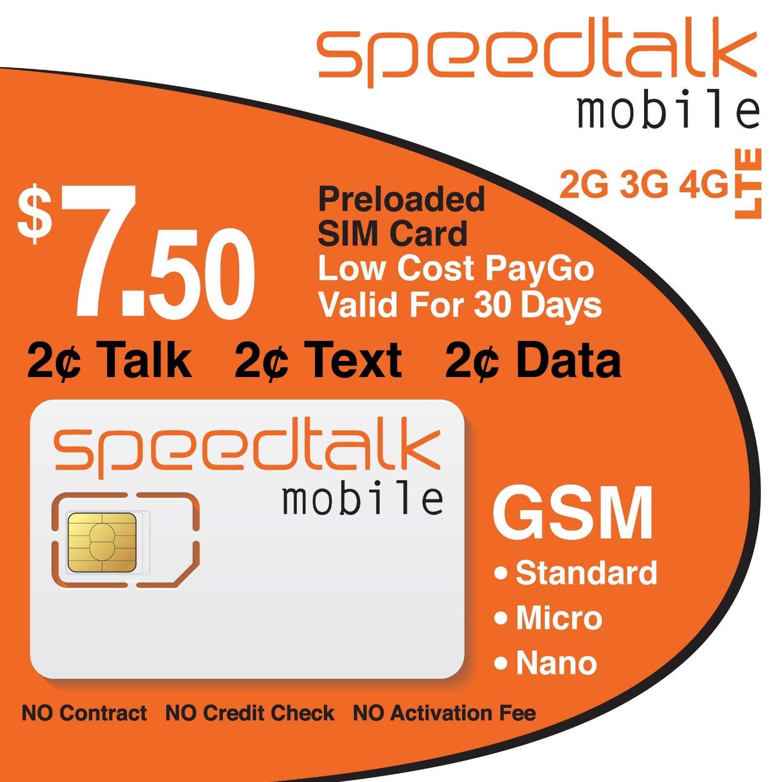 $7.50 Preloaded Mobile Sim Card - Unlimited Text - NO Contract - Speedtalk