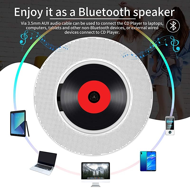 CD Player with Bluetooth, Wall Mountable CD Music Player Home Audio Boombox with Remote Control FM Radio Built-in HiFi Speakers, MP3 Headphone Jack AUX Input Output with Pull Switch