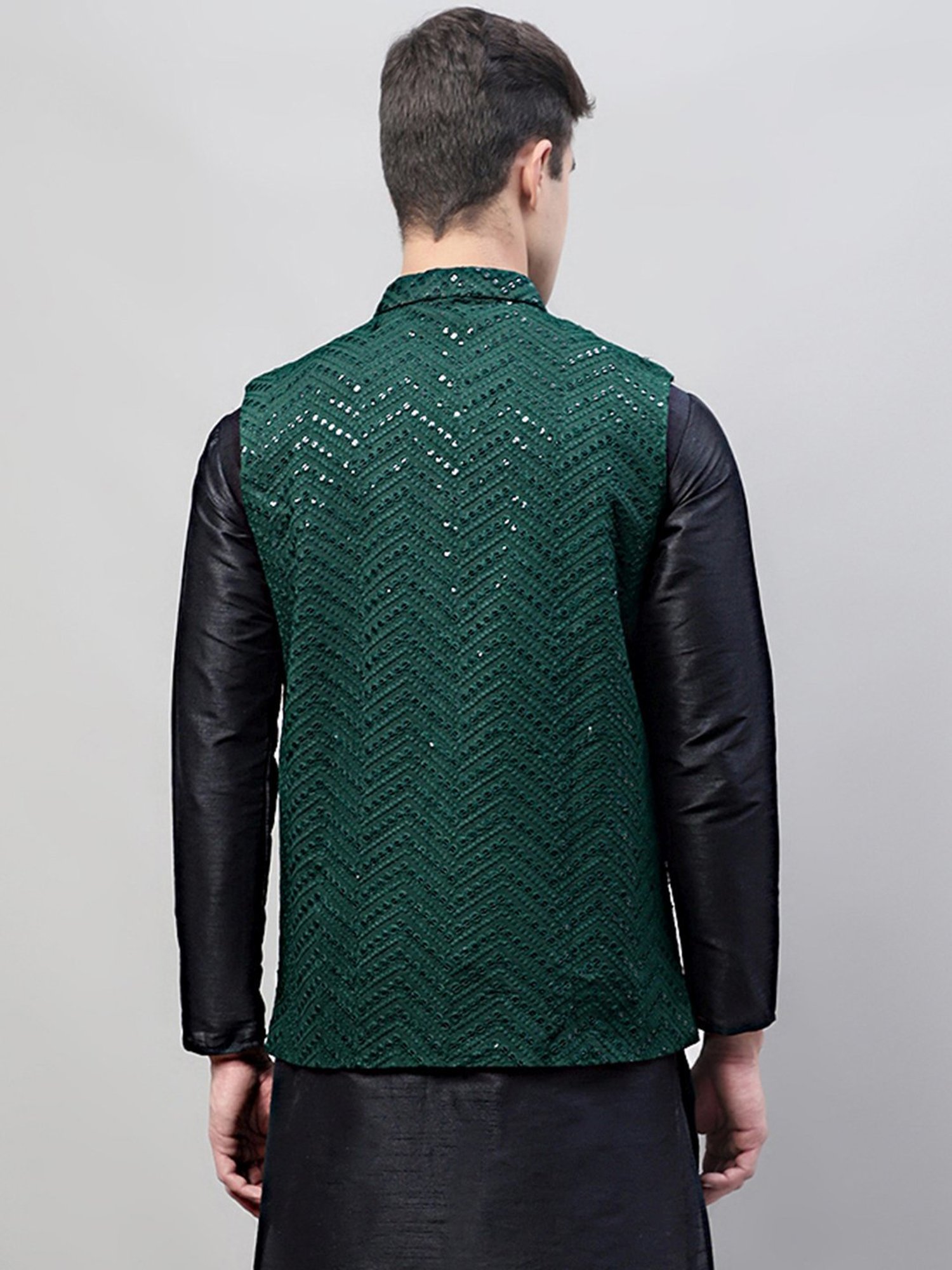 Jompers Olive Regular Fit Embroidered Nehru Jacket