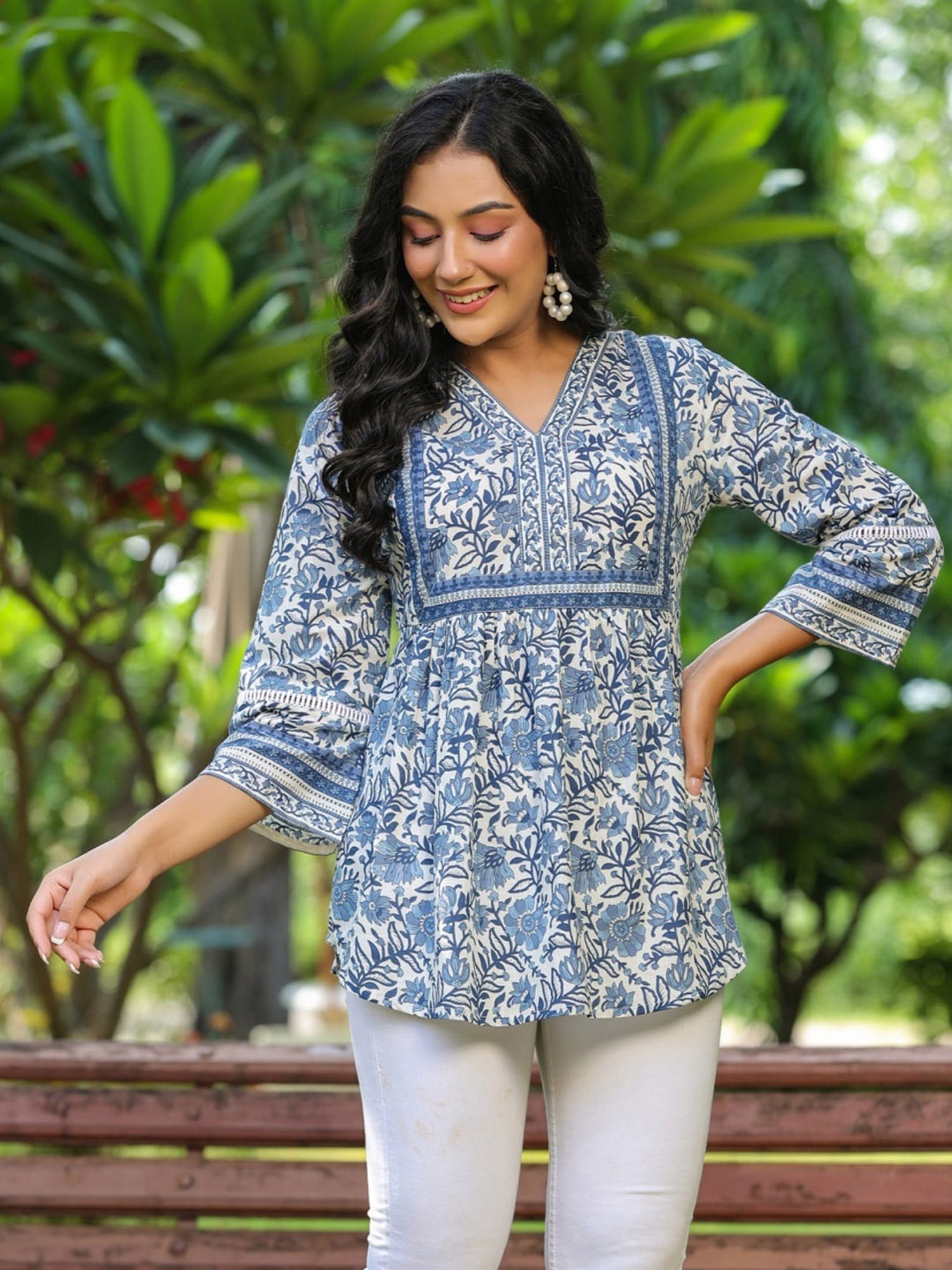 Rain and Rainbow Blue Cotton Floral Print Top