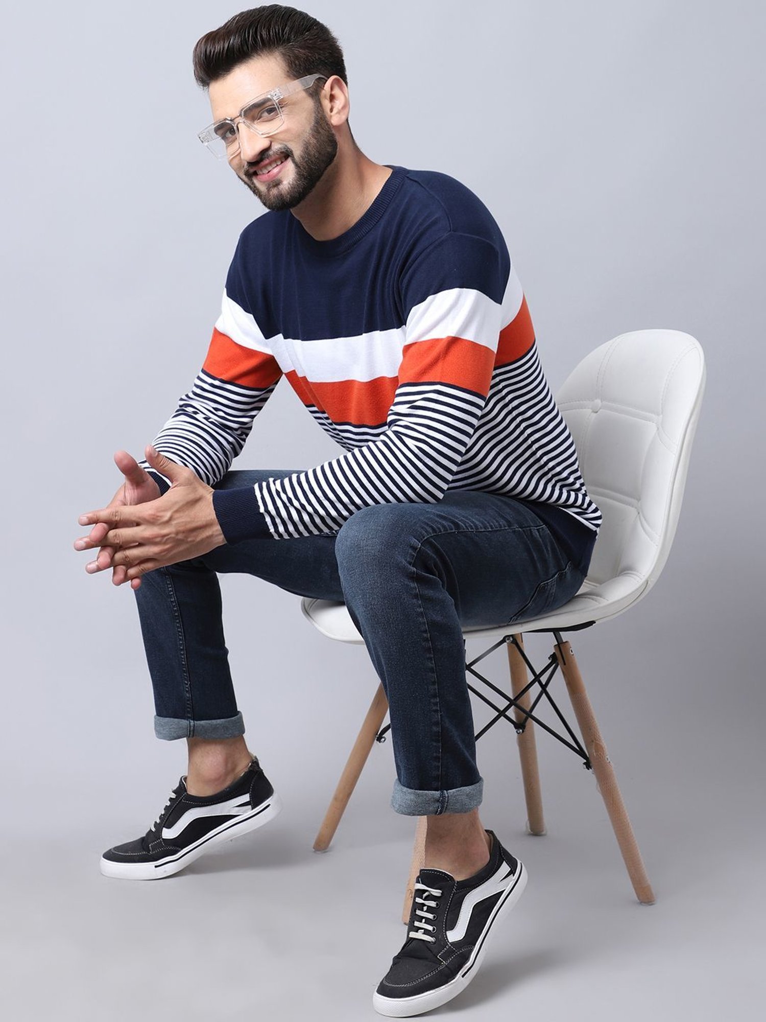 Cantabil Navy Blue Regular Fit Striped Sweater